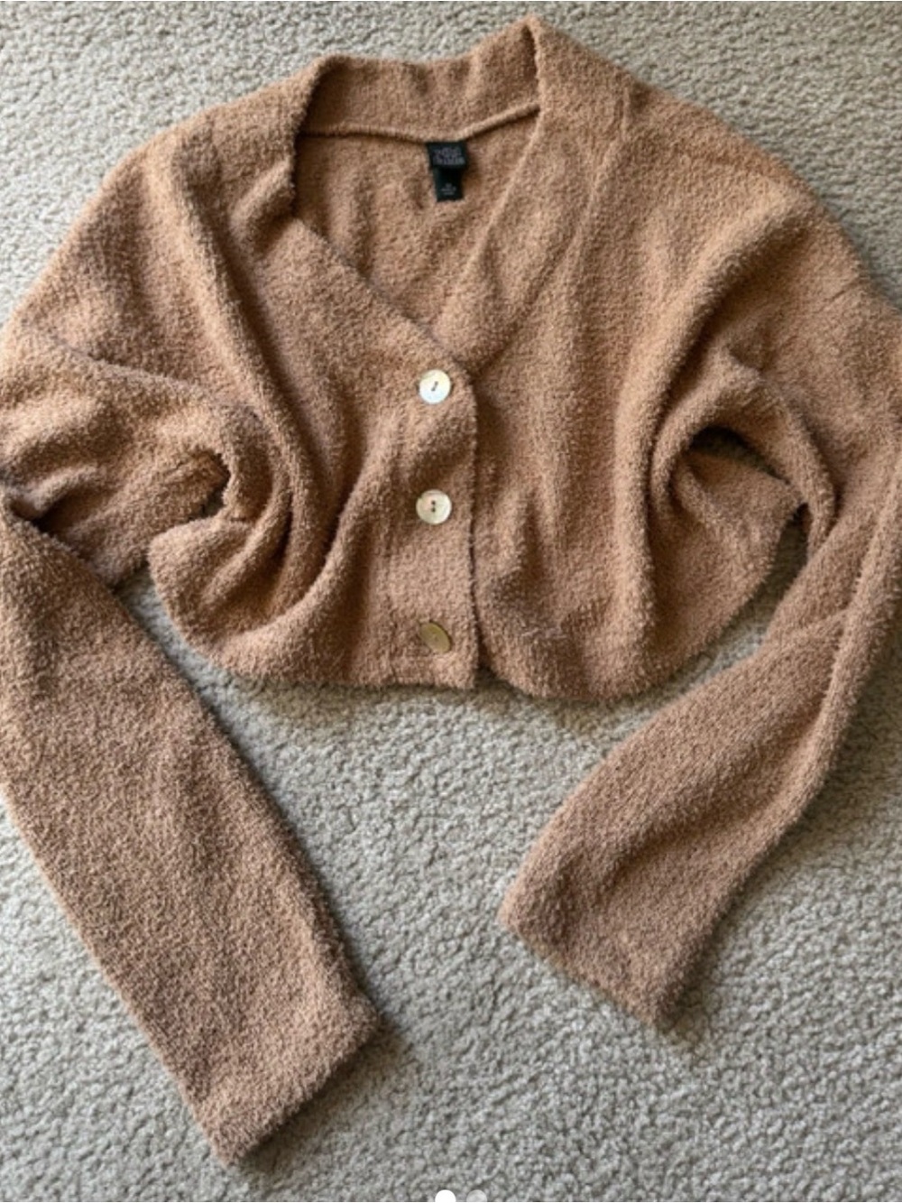 wild fable Cropped Fuzzy Button-Front Cardigan in Camel